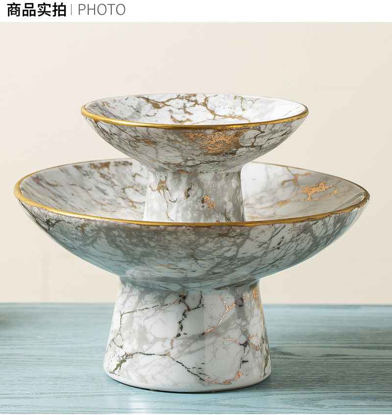 Light European - style key-2 luxury compote dry fruit bowl sitting room jingdezhen ceramic double creative household American tray table furnishing articles