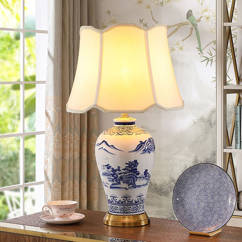 Home Bedroom Bunk Bed Head Cabinet Chinese Green Flower Porcelain Table Lamp Modern Minimalist Creativity New Chinese All-copper Ceramic Table Lamp
