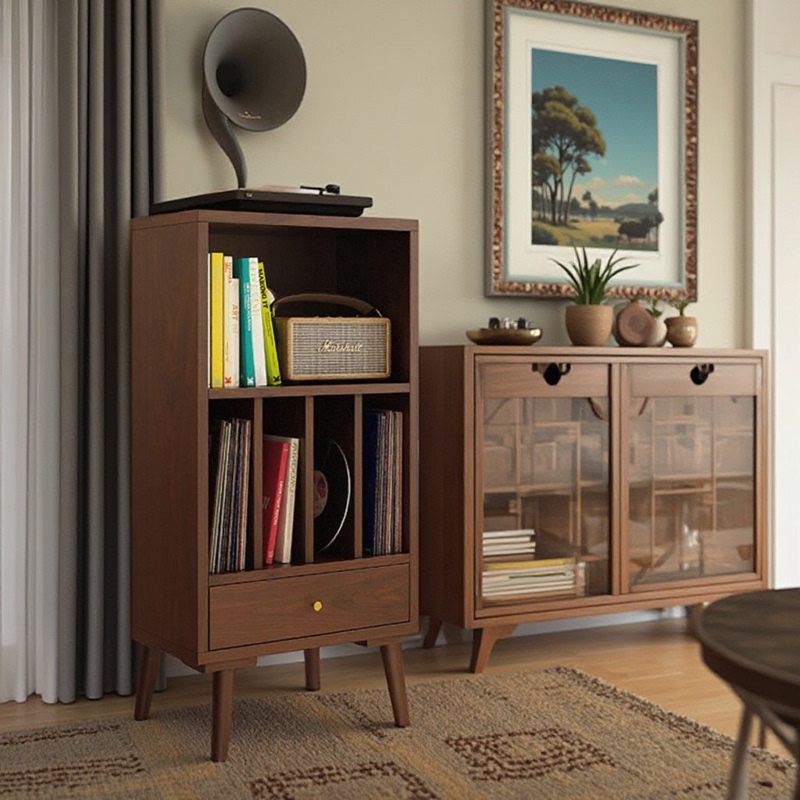 Solid Wood Vinyl Record Cabinet with Drawer Storage, Low Cabinet, File Magazine Bookcase, Sofa Corner Cabinet, Audio Display Cabinet