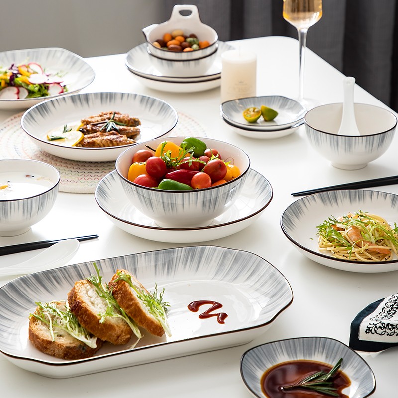 Nordic wind ceramic bowl single household noodle soup bowl combination dish dish dish simple creative rice bowl set tableware