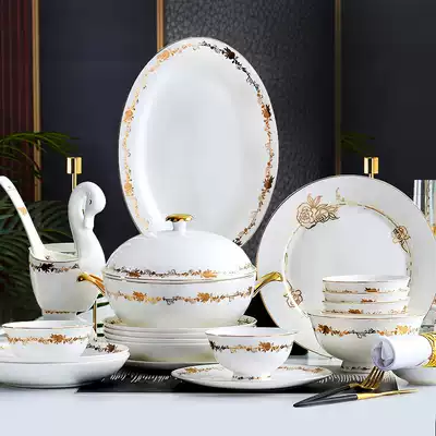 Guoyue bone porcelain tableware set new Chinese dishes set light luxury household Rice Bowl plate chopsticks combination housewarming