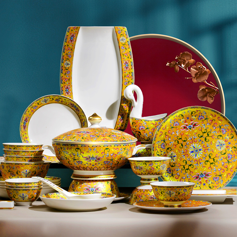 Jingdezhen Bone China Porcelain Cutlery Sets of Bowl Trays National Tide Enamel Color Joe Transfer Gift Bowl dishes Suits Home Light Extravagant Bowls and chopsticks