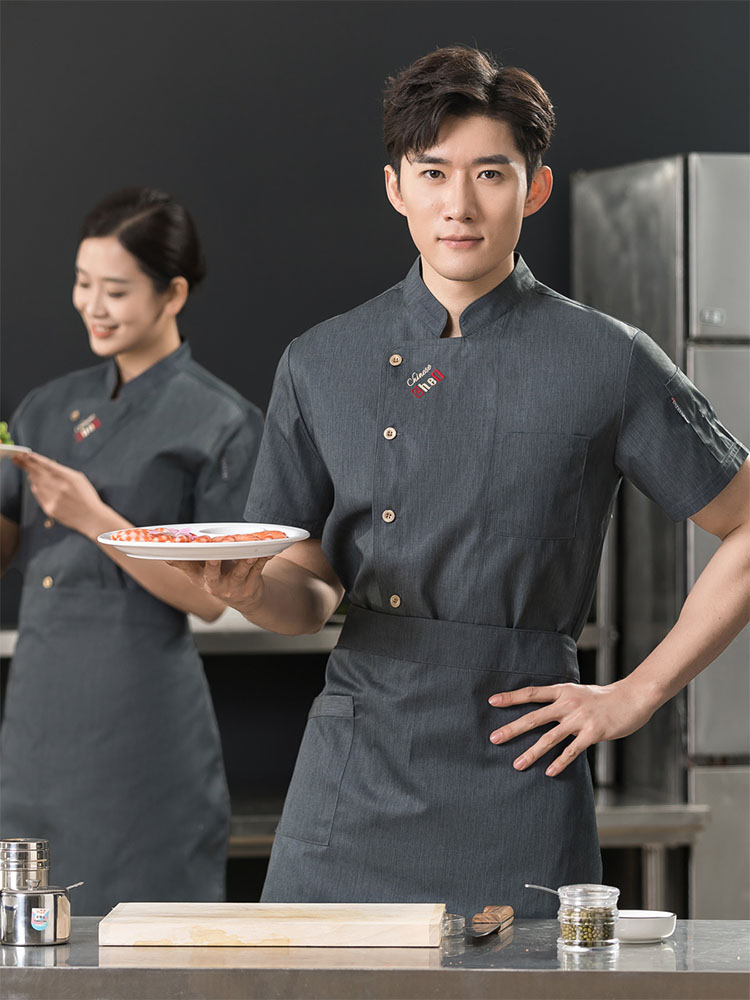 Nhà hàng khách sạn mùa hè đầu bếp cao cấp bếp nhà hàng áo liền quần nam ngắn tay thoáng khí phần mỏng phục vụ quần áo ngắn tay áo bếp đồng phục bếp đẹp 