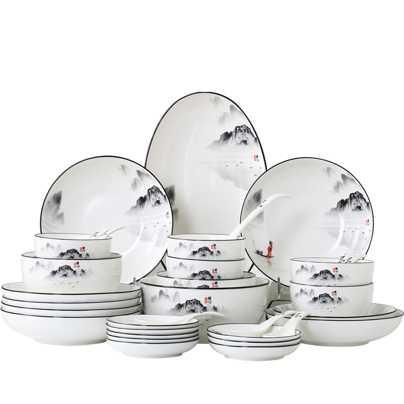 Glair dishes suit household 10 Chinese ink painting wind ceramic tableware to eat rice bowl dish plate combination