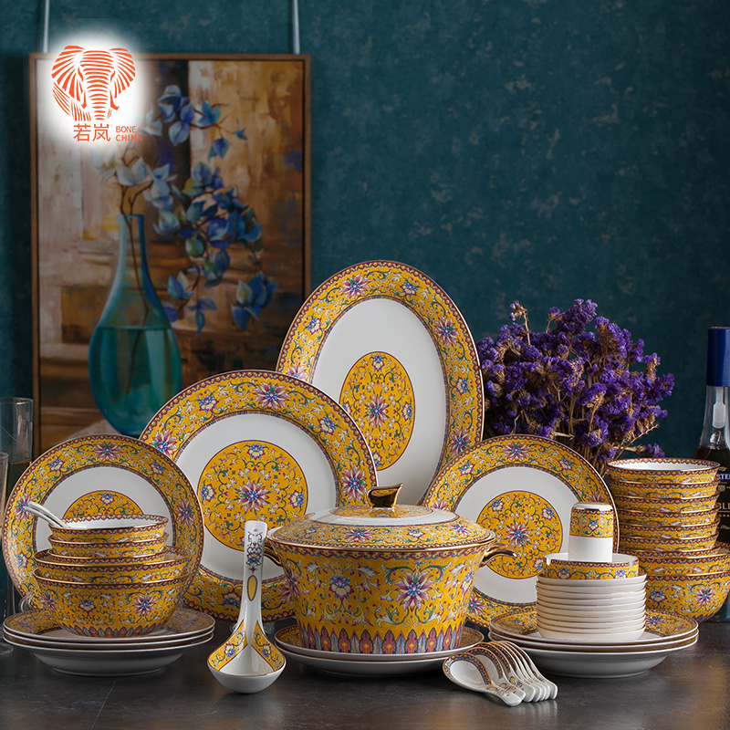 If the haze of tangshan ipads 60 pieces of colored enamel porcelain tableware suit home fete up phnom penh dish dish combination wedding gifts