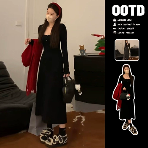 Черное трикотажное весеннее платье, свитер, весенняя длинная юбка, городской стиль