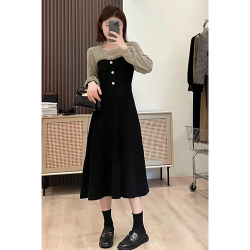 Черное осеннее платье, приталенная длинная юбка, подходит для подростков, городской стиль, французский стиль