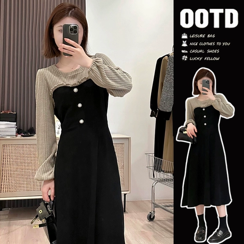 Черное осеннее платье, приталенная длинная юбка, подходит для подростков, городской стиль, французский стиль