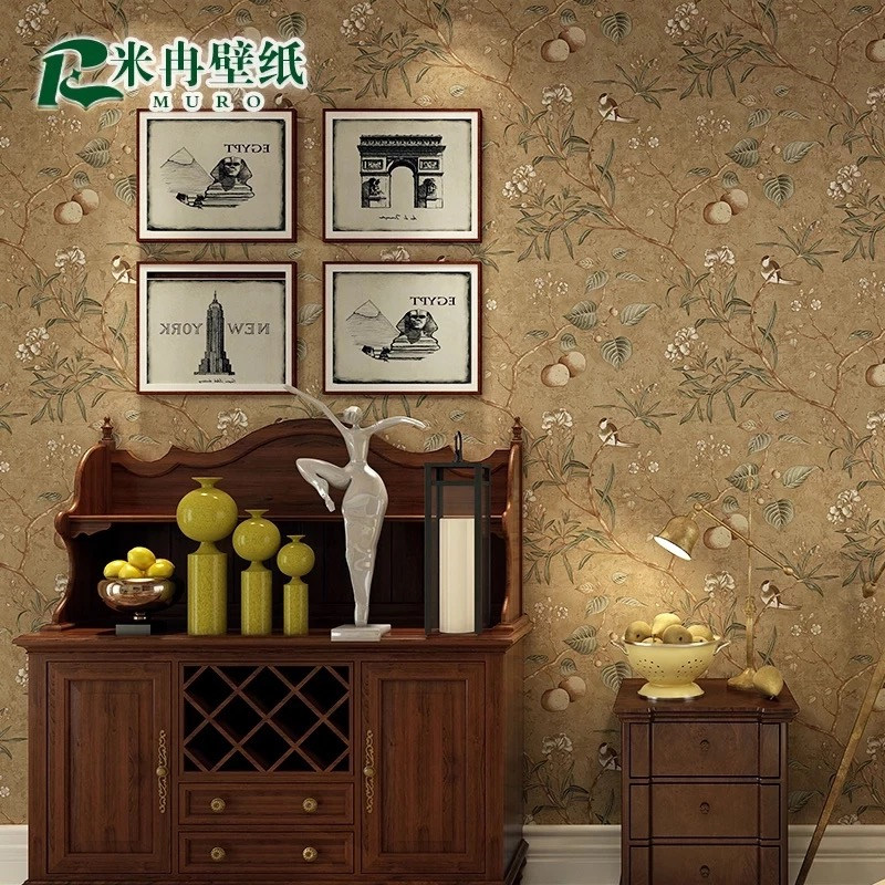 American flower bird apple tree unwoven cloth bedroom living room ab version bedroom book room wallpaper countryside retro nostalgic wallpaper