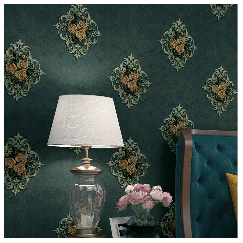 Mi Ran American three-dimensional large flower embroidery Green seamless living room wall cloth Bedroom entrance background wall European wall cloth