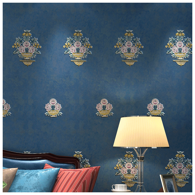 Mi Ran American large flower living room embroidered seamless wall cloth European bedroom Xuanguan TV background wall blue wall cloth