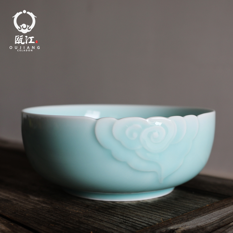 Oujiang longquan celadon large soup bowl 12 inch fish dish plate of creative household xiangyun mercifully rainbow such as bowl of fruit salad plates