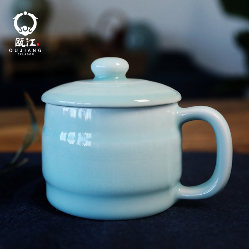 Oujiang longquan celadon mark cup back to the line of office meeting cup cup with cover household glass ceramic cups
