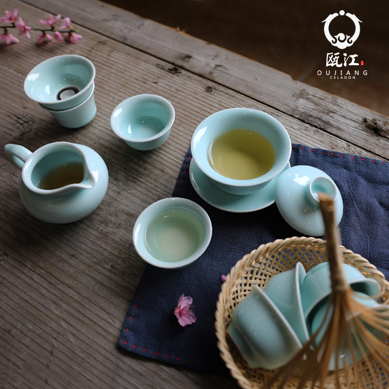 Oujiang longquan celadon kung fu tea set yuquan 10 head of household ceramics office tureen pot cup gift boxes