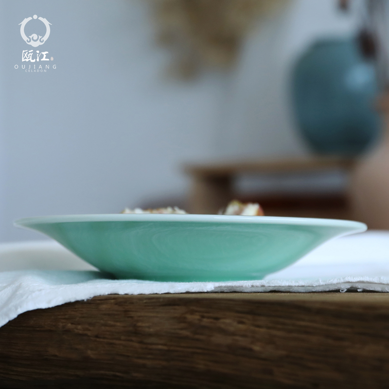 Oujiang longquan celadon deep dish moonlight Chinese ceramic plate household soup plate plate round vegetable salad for breakfast