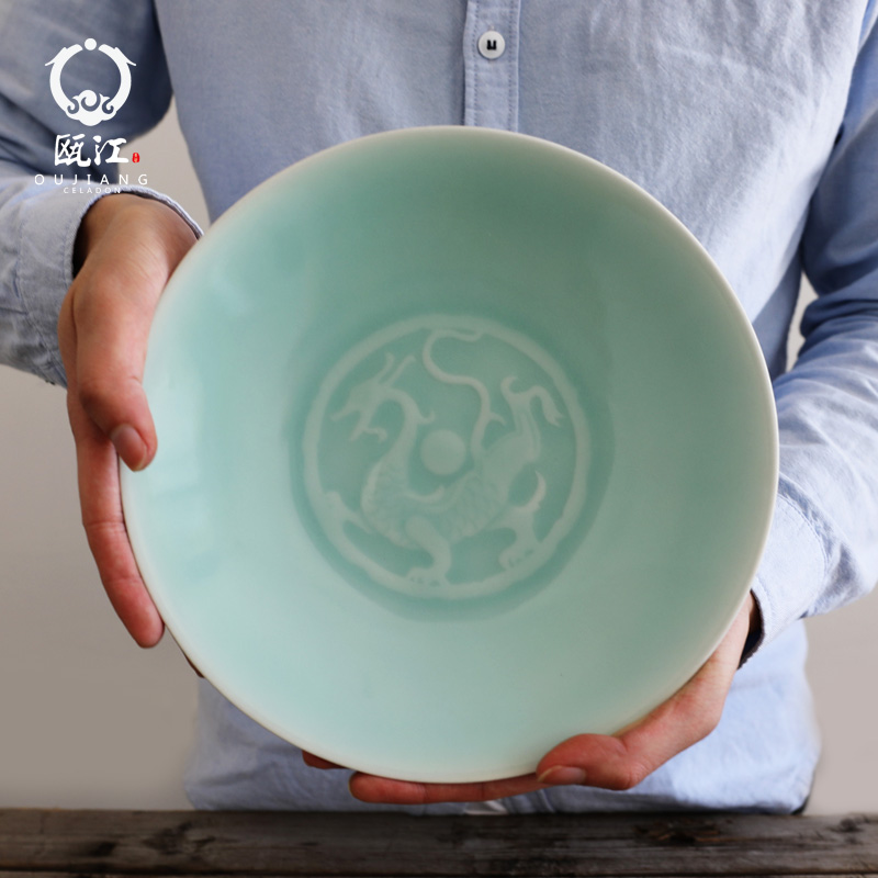 Oujiang longquan celadon 9 - inch panlong dish plate household of Chinese style dish ceramics steak of dish all the clearance