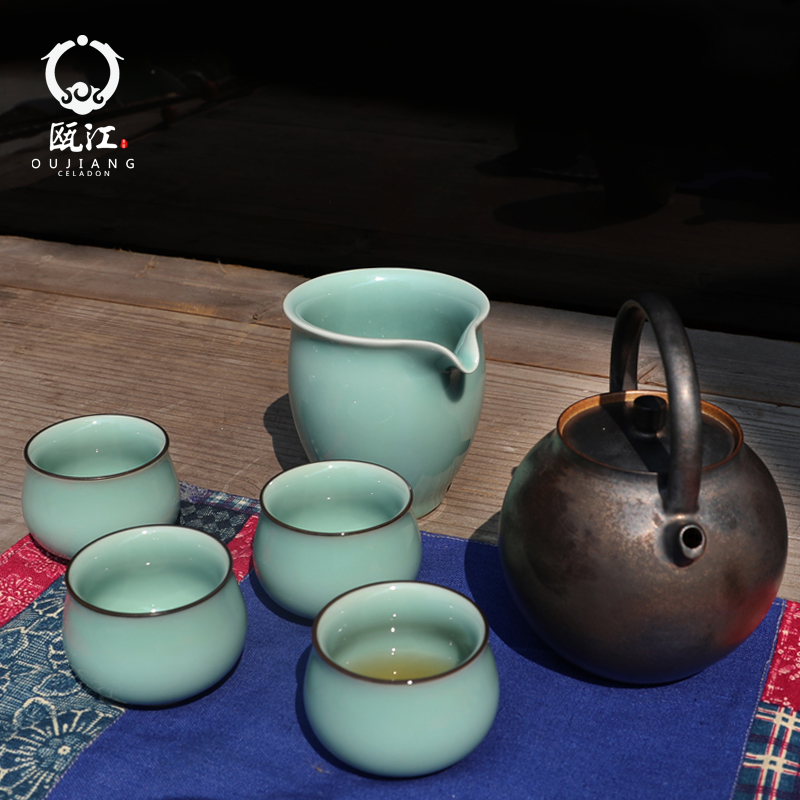 Oujiang longquan celadon kung fu tea set suit household of Chinese style ceramic tea tea set spring moonlit gift boxes