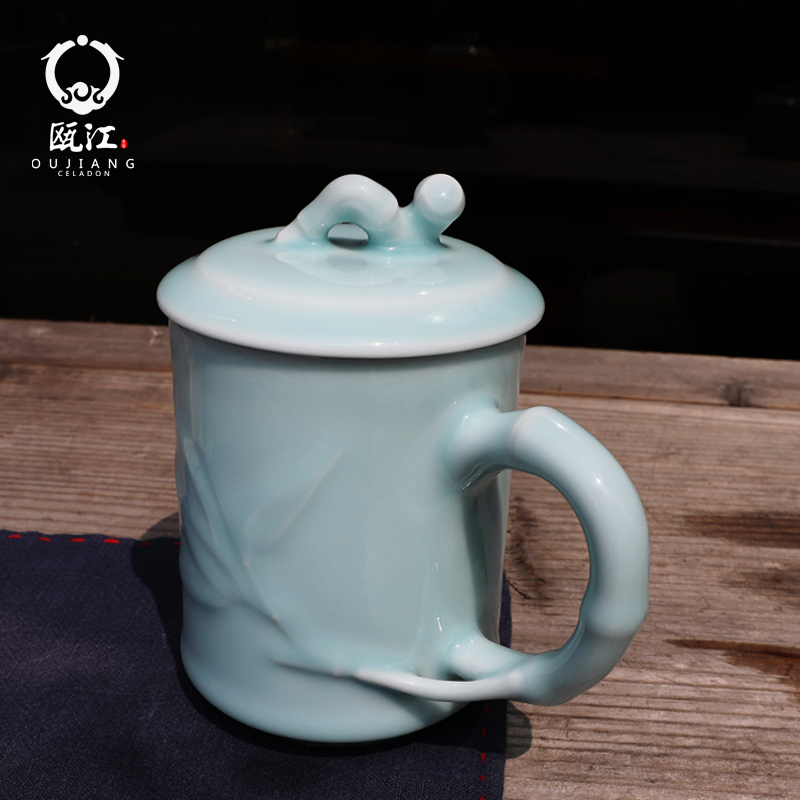Oujiang longquan celadon teacup bamboo gentleman cup glass ceramic office of household of Chinese style individual cup keller