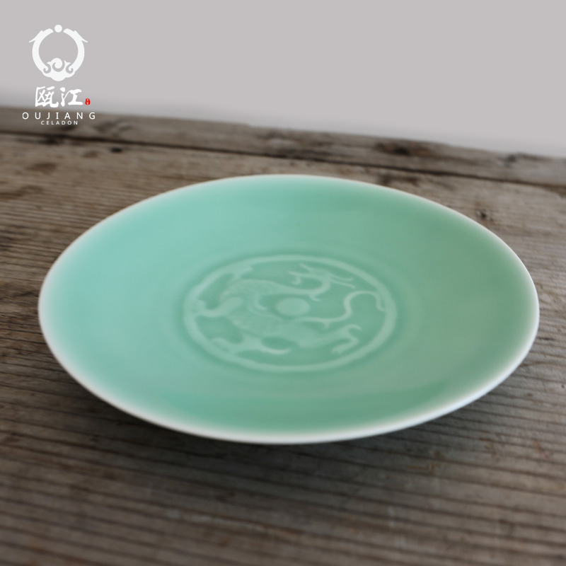 Oujiang longquan celadon 9 - inch panlong dish plate household of Chinese style dish ceramics steak of dish all the clearance