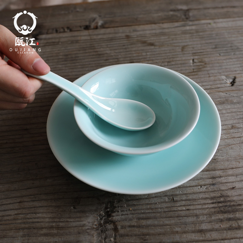 Pure pigment oujiang longquan celadon dishes teaspoons of moonlight hotel tableware ceramic bowl hotel tableware three - piece suit