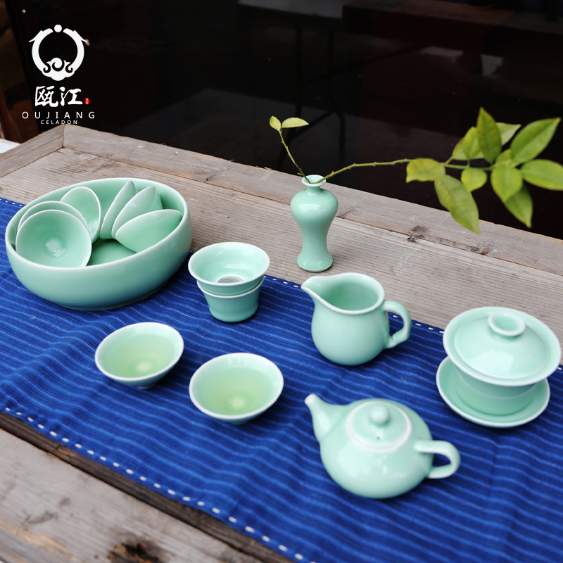 Oujiang longquan celadon kung fu tea set office household contracted tea set gift boxes of a complete set of Chinese ceramics