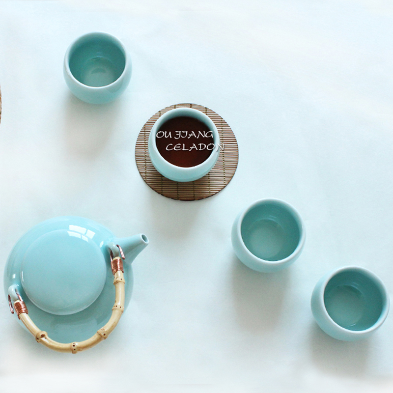 Oujiang longquan celadon tea set household of Chinese style ceramic girder teapot tea kettle cup gift set gift boxes