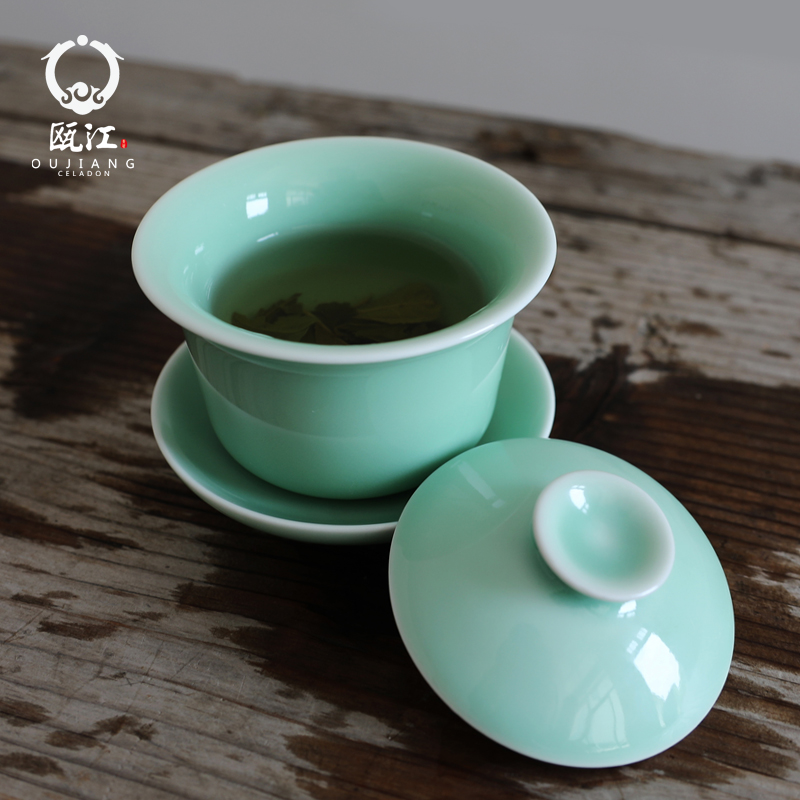 Oujiang longquan celadon tureen jade porcelain bowl gift ceramics kung fu tea home only three bowl of tea cups