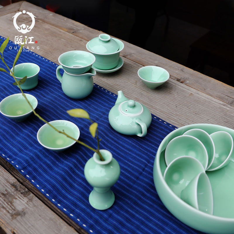 Oujiang longquan celadon kung fu tea set office household contracted tea set gift boxes of a complete set of Chinese ceramics