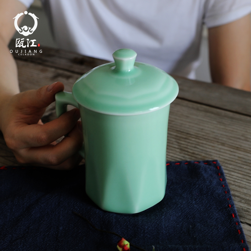 Oujiang longquan celadon teacup office cup with cover ceramic cup cup of juice cup cup tea cup ceramic cup