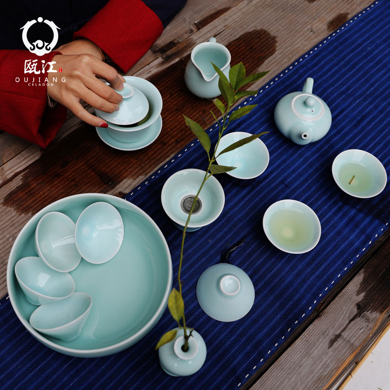 Oujiang longquan celadon kung fu tea set office household contracted tea set gift boxes of a complete set of Chinese ceramics