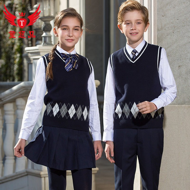 Primary school uniforms suit Inn wind sweater jacket head vest men and women CUHK woolen sweater full cotton knit cardiovert waistcoat
