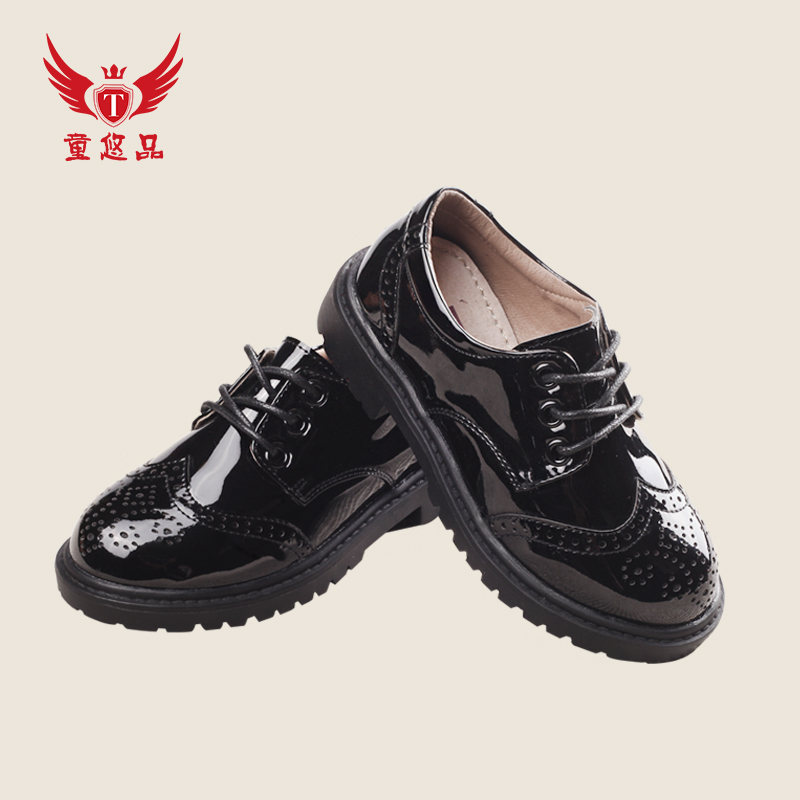 Boys' Leather Shoes Round Head Velcro Lacquer Leather Bullock Carved Black Breathable Non-slip Deodorant Children's Leather Shoes
