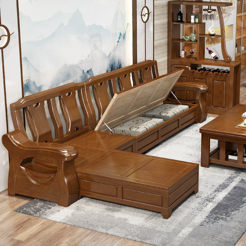 Solid wood sofa combined winter and summer Dual-size family type Guido Corner Living Room Modern New Chinese Wooden Sofa