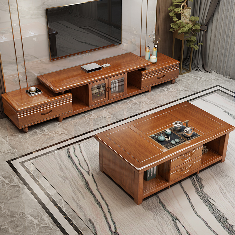 Gold Silk Hupeach Wood Chinese Solid Wood TV Cabinet Tea Table Combined Living Room Home Modern Minimalist Flex Ground Cabinet furniture 