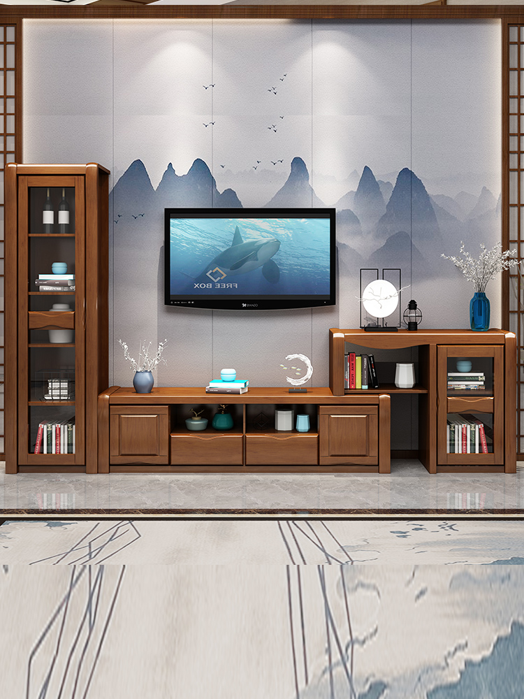 Modern Chinese solid wood TV cabinet Composition small family type living room high and low ground cabinet Home innate storage suit