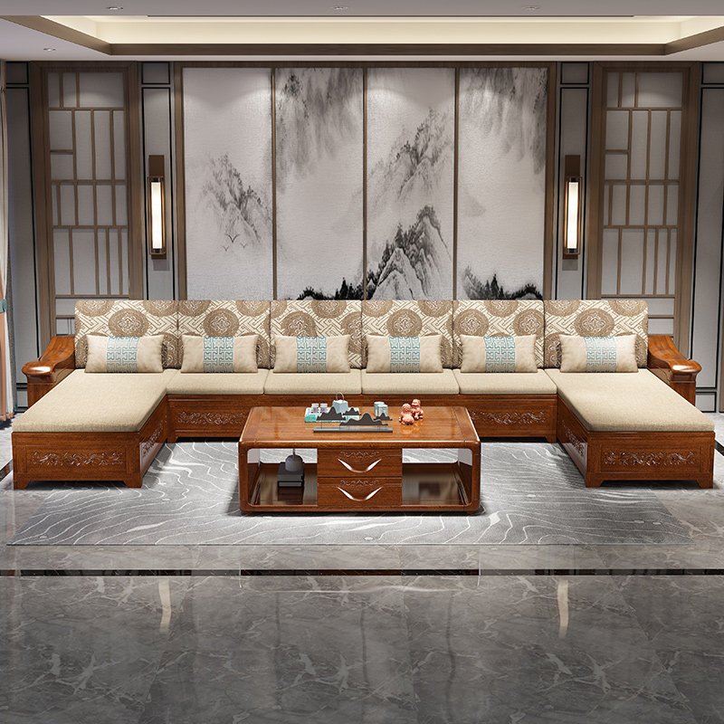 Chinese walnut solid wood sofa combination with storage winter and summer dual-use corner double chaise longue living room carved wood plus cloth