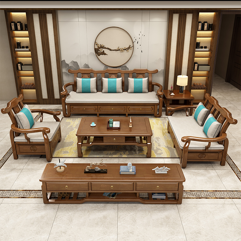 New Chinese style solid wood sofa combination 123 high box storage Chinese style Zen living room sofa with drawers for winter and summer