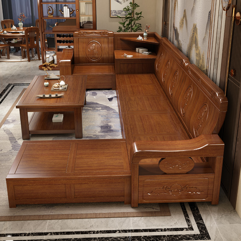 Golden Silk Hupeach Wood Solid Wood Sofa Combined Winter And Summer Dual-use size household type storage wood sofa Carved Corner Furniture 