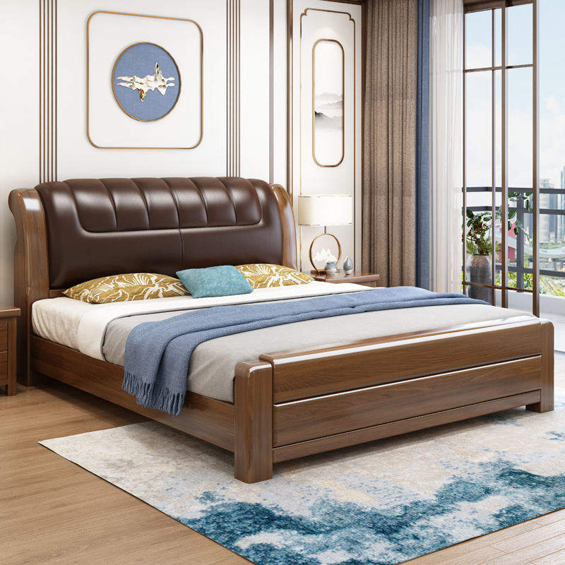 New Chinese walnut solid wood bed 18 meters bedroom home double bed modern minimalist 15 meters leather soft bag