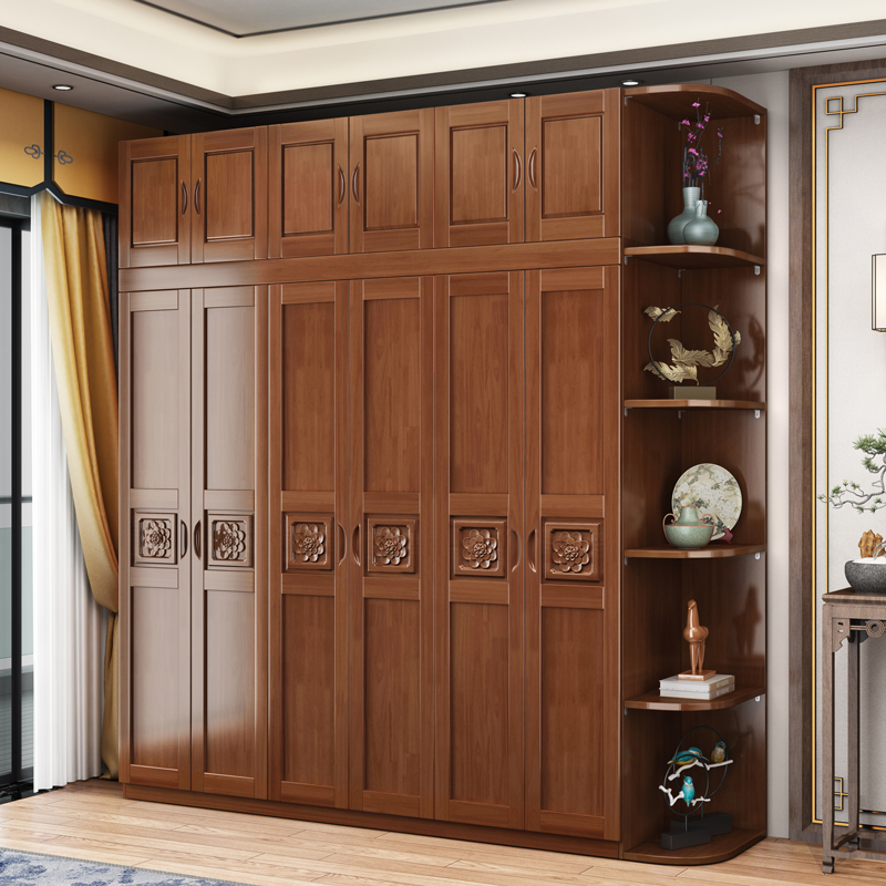 Chinese style solid wood wardrobe double door modern home bedroom wardrobe casement storage wardrobe 3456 door plus side plus top