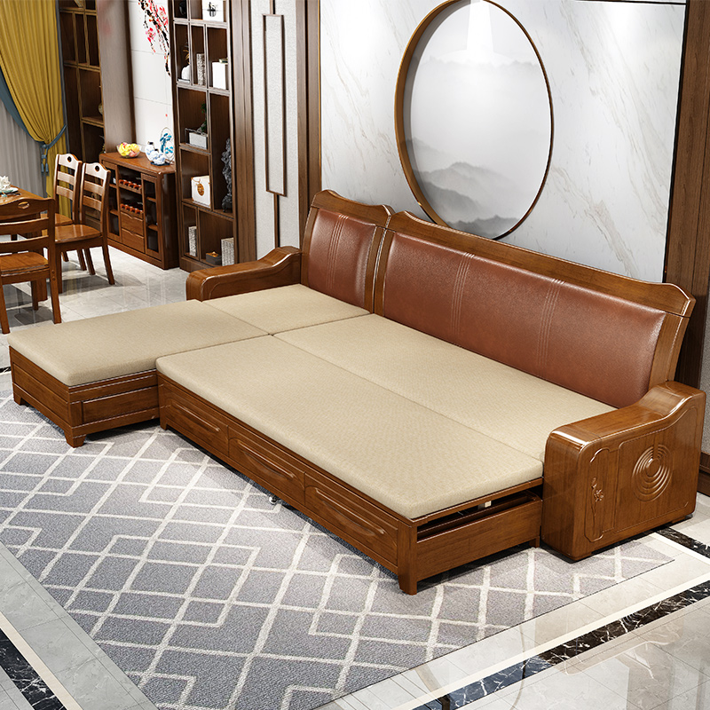 Solid wood sofa combined winter and summer dual-use push-pull bed storage sofa Economy small family Guido Corner Living Room Furniture