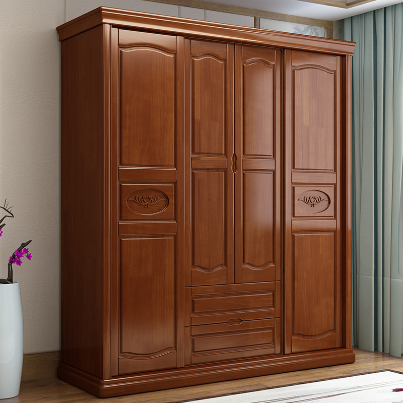 Solid wood wardrobe sliding door bedroom sliding door four door lockers wooden wardrobe Chinese furniture