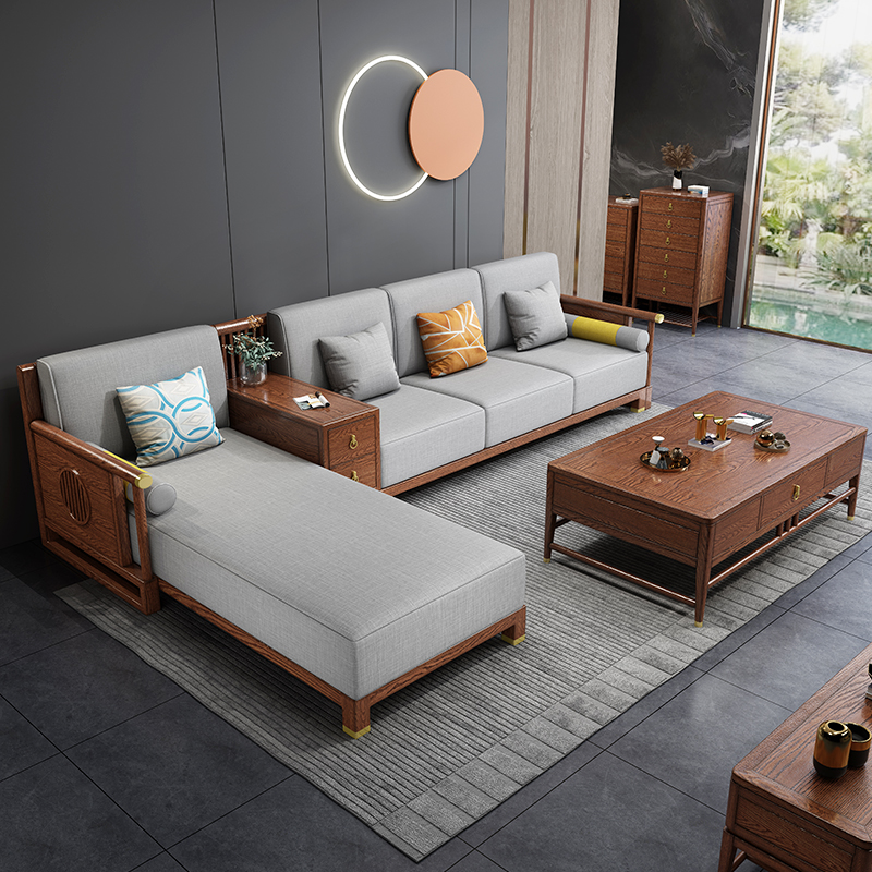 New Chinese Light Lavish North American Red Oak Solid Wood Sofa Combined Living Room Villa Upscale Corner Noble Courtei Fabric Wood Sofa