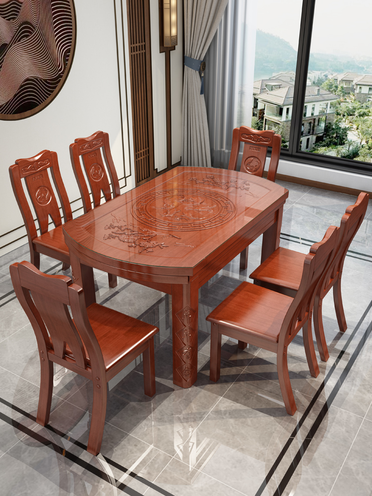 Chinese style all solid wood dining table and chair combination round table foldable carved antique dining table a table 4 6 chairs mahogany color
