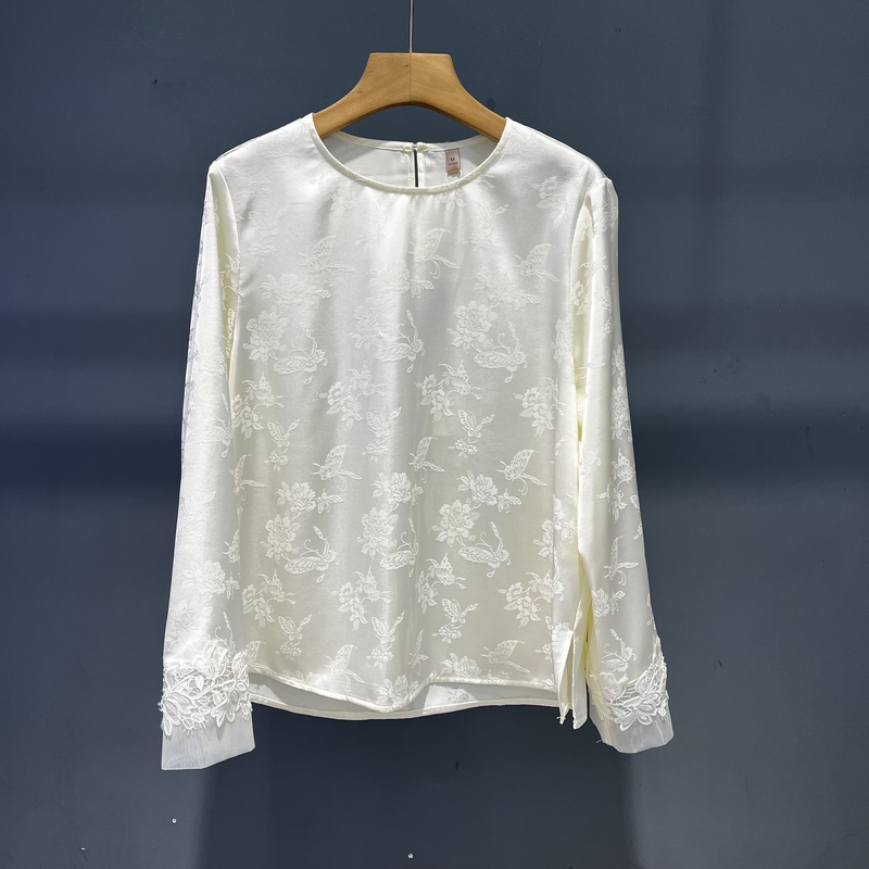 Red Pine 26A18 New Chinese Style Long Sleeve Shirt for Women 2026 Spring Jacquard Patchwork Lace Crochet Top