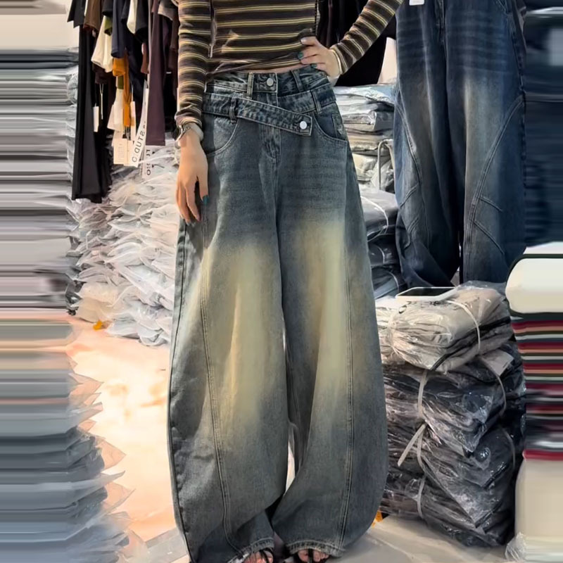 American-Style Double-Waistband Scimitar Jeans for Women, Early Autumn 2026 New High-Waisted Loose Wide-Leg Pants, Floor-Length Trendy Trousers