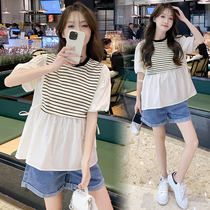 2023 new summer Korean style fashion versatile puff short-sleeved shirt spliced ​​striped loose slim pregnant baby doll shirt