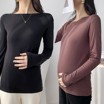 Maternity wear autumn and winter 2023 new maternity round neck low neck pure cotton t-shirt tops large size slimming bottoming shirt