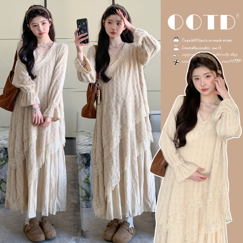 Maternity Wear Heavy Jacquard Pleated Dress Women's Autumn and Winter New Long-Sleeved Lace Long Dress with Inner Design Skirt Maternity Wear Heavy Jacquard Pleated Dress Women's Autumn and Winter New Long-Sleeved Lace Long Dress with Inner Design Skirt