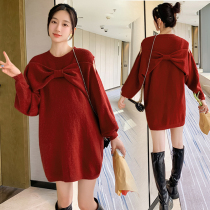 Maternity wear autumn and winter new fashion trendy mother-in-law core-spun yarn bow sweater loose slim dress for women